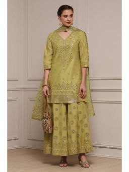 Biba - Women Green Cotton Kurta with Sharara and Dupatta