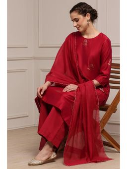 Biba - Women Red Chanderi Silk Kurta with Palazzo and Dupatta