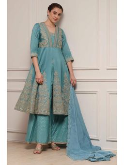 Biba - Women Blue Chanderi Silk Anarkali Kurta with Sharara and Dupatta