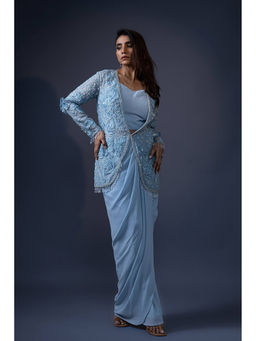 Daatri by meenakshi kakkar - Blue 3D Work Jacket with Drape Skirt and Bustier (Set of 2)