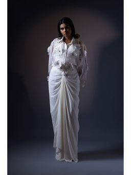 Daatri by meenakshi kakkar - Off White 3D Work Shirt with Drape Skirt (Set of 2)