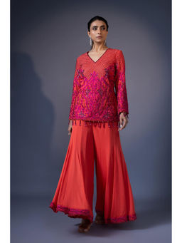 Daatri by meenakshi kakkar - Orange Embroidered Top with Kali Sharara (Set of 2)