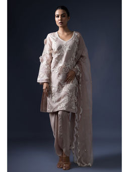 Daatri by meenakshi kakkar - Taupe 3D Embroidered Kurta with Dhoti and Dupatta (Set of 3)