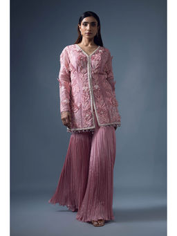 Daatri by meenakshi kakkar - Peach 3D Embroidered Jacket with Roached Sharara (Set of 2)
