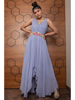 Daatri by meenakshi kakkar - Blue Asymmetrical Gown with Hand Embroidered Belt (Set of 2)