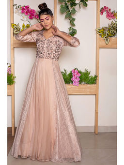 Daatri by meenakshi kakkar - Peach Drape Gown with Crystal Embellishments
