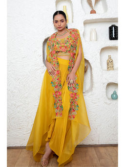 Daatri by meenakshi kakkar - Yellow Drape Skirt with Blouse and Cape (Set of 3)