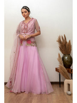 Daatri by meenakshi kakkar - Pink Lehenga with Jacket and Dupatta (Set of 3)