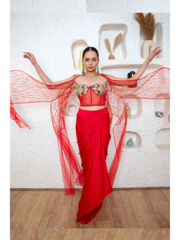 Daatri by meenakshi kakkar - Red Drape Skirt with Corset Blouse and Cape (Set of 3)