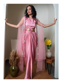 Daatri by meenakshi kakkar - Pink Drape Gown with Belt and Cape (Set of 3)