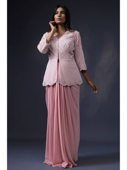 Daatri by meenakshi kakkar - Pink Pearl Embroidered Jacket with Drape Skirt (Set of 2)