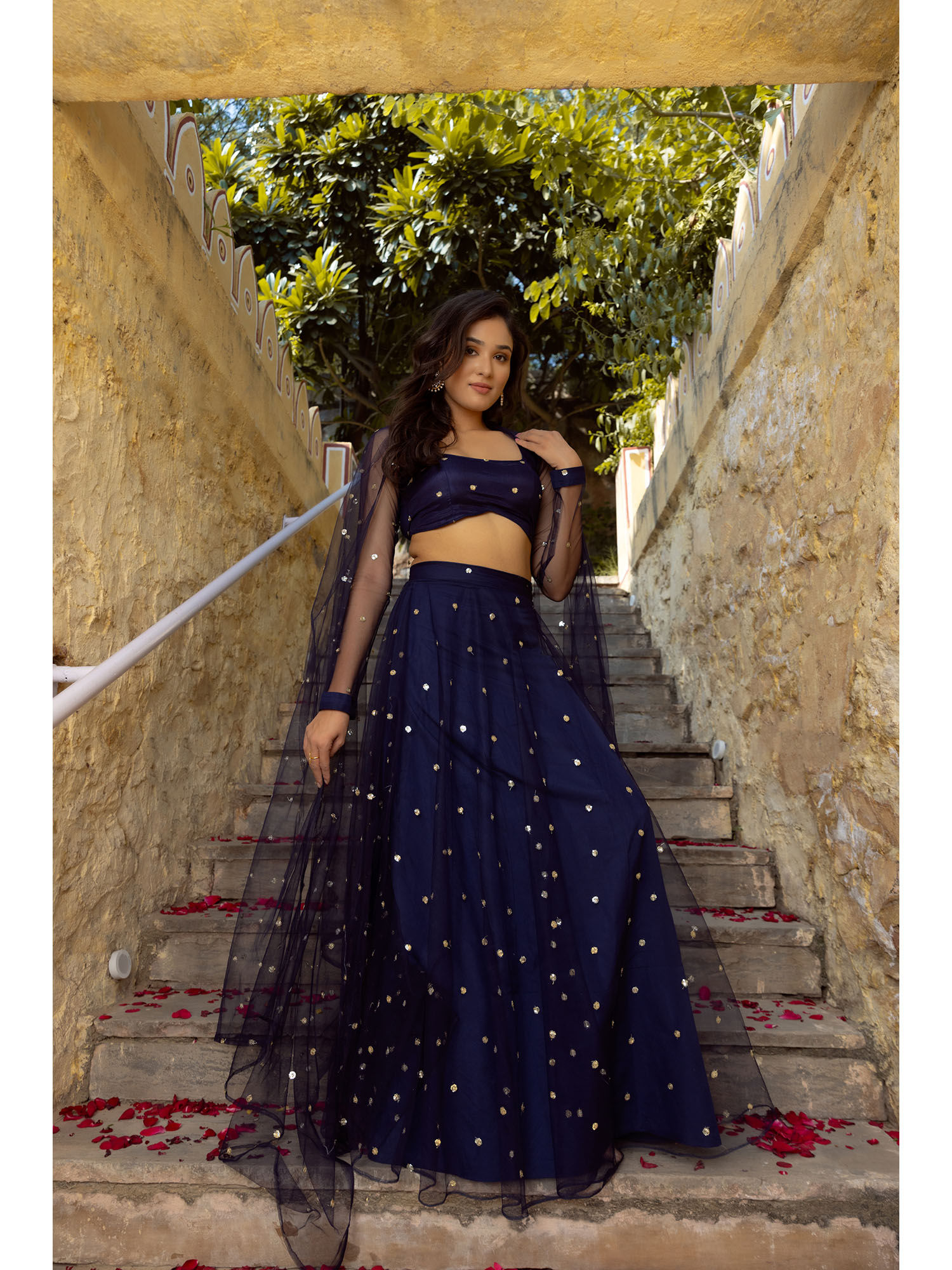 deasha india Aaina Navy Blue Embroidered Net Lehenga with Blouse and Dupatta (Set of 3)-picture-6