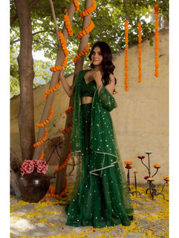 DEASHA INDIA - Heena Green Net Embroidered Lehenga with Blouse and Dupatta (Set of 3)