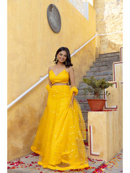 DEASHA INDIA - Sahana Yellow Embroidered Net Lehenga with Blouse and Dupatta (Set of 3)