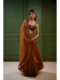 Label Simran Kochher - Bold Bronze Beauty Lehenga with Blouse and Dupatta (Set of 3)