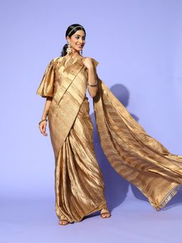 Tikhi Imli - Beige Satin Accordion Pleated Ready to Wear Saree with Unstitched Blouse
