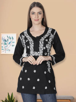 Seva Chikan - Hand Embroidery Black Cotton Lucknowi Chikankari Kurti