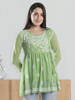 Seva Chikan - Hand Embroidery Green Cotton Lucknowi Chikankari Kurti with Slip (Set of 2)