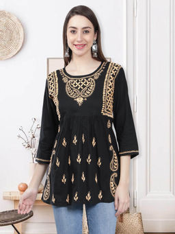 Seva Chikan - Hand Embroidery Mustard Cotton Lucknowi Chikankari Kurti