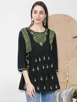 Seva Chikan - Hand Embroidery Green Cotton Lucknowi Chikankari Kurti