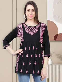 Seva Chikan - Hand Embroidery Pink Cotton Lucknowi Chikankari Kurti