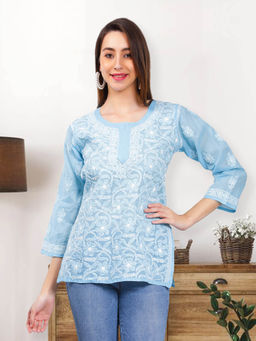 Seva Chikan - Hand Embroidery Blue Cotton Lucknowi Chikankari Kurti