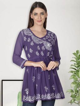 Seva Chikan - Hand Embroidery Purple Cotton Lucknowi Chikankari Kurti with Slip (Set of 2)