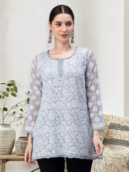 Seva Chikan - Hand Embroidery Grey Cotton Lucknowi Chikankari Kurti with Slip (Set of 2)
