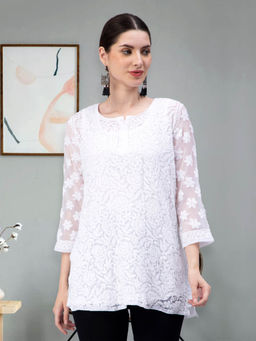 Seva Chikan - Hand Embroidery White Cotton Lucknowi Chikankari Kurti with Slip (Set of 2)