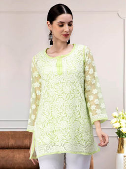 Seva Chikan - Hand Embroidery Green Cotton Lucknowi Chikankari Kurti with Slip (Set of 2)