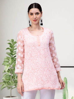 Seva Chikan - Hand Embroidery Peach Cotton Lucknowi Chikankari Kurti with Slip (Set of 2)