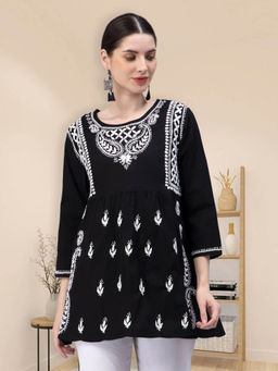 Seva Chikan - Hand Embroidery Black Cotton Lucknowi Chikankari Kurti