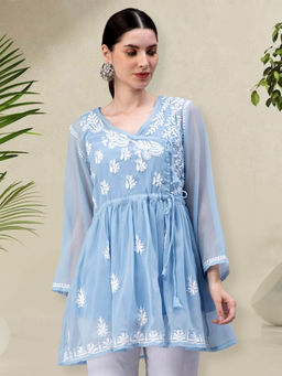 Seva Chikan - Hand Embroidery Blue Cotton Lucknowi Chikankari Kurti with Slip (Set of 2)