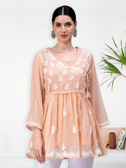 Seva Chikan - Hand Embroidery Beige Cotton Lucknowi Chikankari Kurti with Slip (Set of 2)