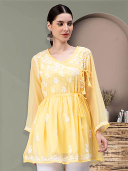 Seva Chikan - Hand Embroidery Yellow Cotton Lucknowi Chikankari Kurti with Slip (Set of 2)