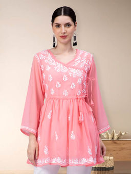 Seva Chikan - Hand Embroidery Peach Cotton Lucknowi Chikankari Kurti with Slip (Set of 2)