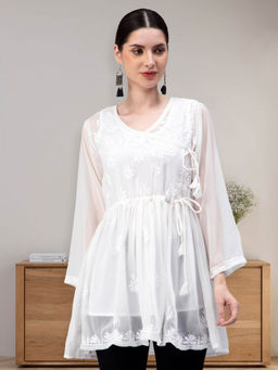 Seva Chikan - Hand Embroidery White Cotton Lucknowi Chikankari Kurti with Slip (Set of 2)