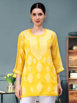 Seva Chikan - Hand Embroidery Yellow Cotton Lucknowi Chikankari Kurti with Slip (Set of 2)