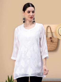 Seva Chikan - Hand Embroidery White Cotton Lucknowi Chikankari Kurti with Slip (Set of 2)