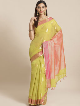 Indethnic - Banarasi Green Woven Design Daily Wear Saree With Unstitched Blouse
