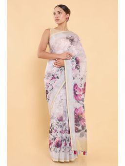 Soch - Women Grey Linen Printed Saree with Stitched Blouse