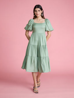 Twenty Dresses by Nykaa Fashion - Green Solid Puffed Sleeve Midi Dress