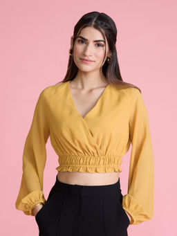 Twenty Dresses by Nykaa Fashion - Yellow Solid Overlapping Neck Crop Top