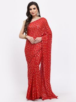 KISHORI - Women Bandhani Georgette Saree & Blouse Red with Unstitched