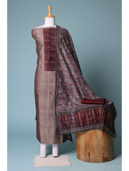 Zari Jaipur - Brown Printed Dress Material (Set of 3)