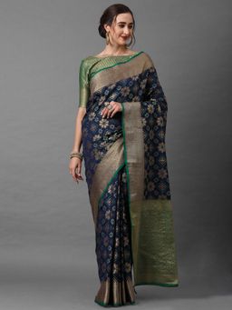 Akhilam - Navy Blue Festive Silk Blend Geometric Saree with Unstitched