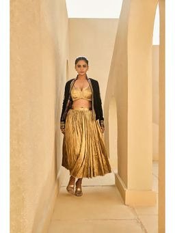 ASHNA VASWANI - Gold Velvet Jacket With Corset And Skirt