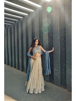 ASHNA VASWANI - Blue Halter Neck Crop Top With Lehenga And Dupatta