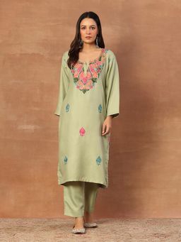 House of Chikankari - Green Kashmiri Wool Aari Women's Long Kurta with Pant