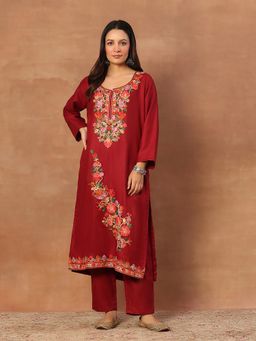 House of Chikankari - Maroon Kashmiri Wool Aari Women's Long Kurta with Pant